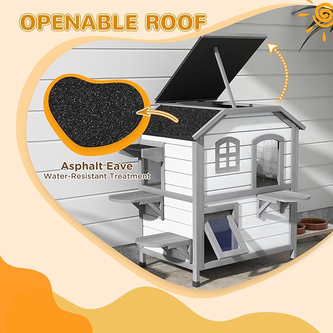 PawHut 2-Story Cat House Outdoor, Weatherproof Wooden Cat Enclosure for Feral Cats with Escape Door, Openable Roof, Jumping Platforms, White