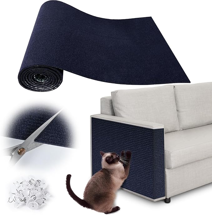 Cat Scratch Furniture Protector - 78.7" x 13.8" Trimmable Self-Adhesive Cats Claws Scratch Pads, DIY Cat Climbing Couch Protector for Scratch Post Cat Tree Replacement Indoor (Dark Blue)