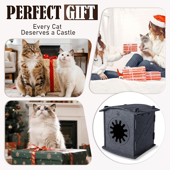 Apasiri Cat Houses for Indoor Cats Felt Cat House Cave Cathouse, 15x14x15Inch Scratch-Resistant Bed Warm Insulated Covered, Hideaway Tent for Anxiety Relief Gift, Grey