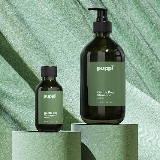 PUPPI Gentle Dog Shampoo Mini (Amberis) | 3.1 fl oz. / 92 ml | Enriched with Aloe Vera and Cucumber Extract | Hypoallergenic Dog Shampoo Sensitive Skin | Travel Size Shampoo