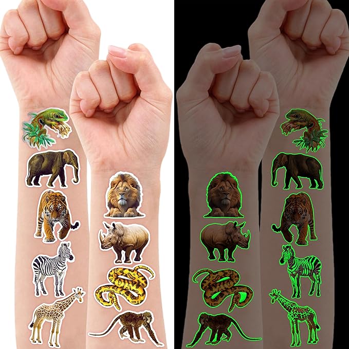 96 PCS Realistic Wildlife Jungle Animal Glow In The Dark Luminous Pre-Cut Temporary Tattoos Sticker Reptile Birthday Party Decorations Supplies Favors Gifts Boys Girls Zoo Cute Fake Tattoo Themed