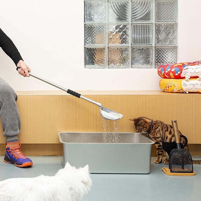 Yangbaga Metal Cat Litter Scoop with Deep Shovel&Long Handle,Detachable Stainless Steel Non-Stick Litter Sifter with Foam Padded Grip, No Bending Back Heavy Duty Cat Litter Scooper