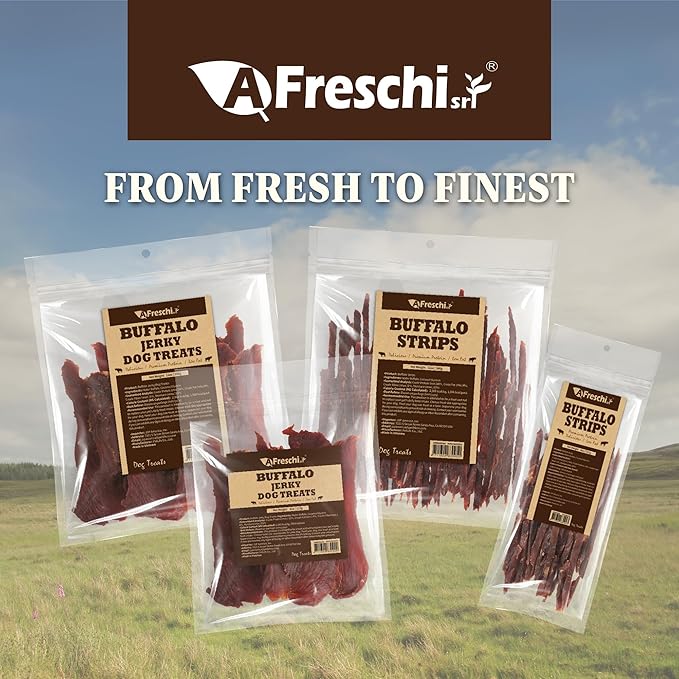 AFreschi Buffalo Dog Treats, All-Natural, Hypoallergenic, High Protein, Low Fat, Human Grade Puppy Chews – Healthy Grain-Free Training Treats, 4oz Jerky