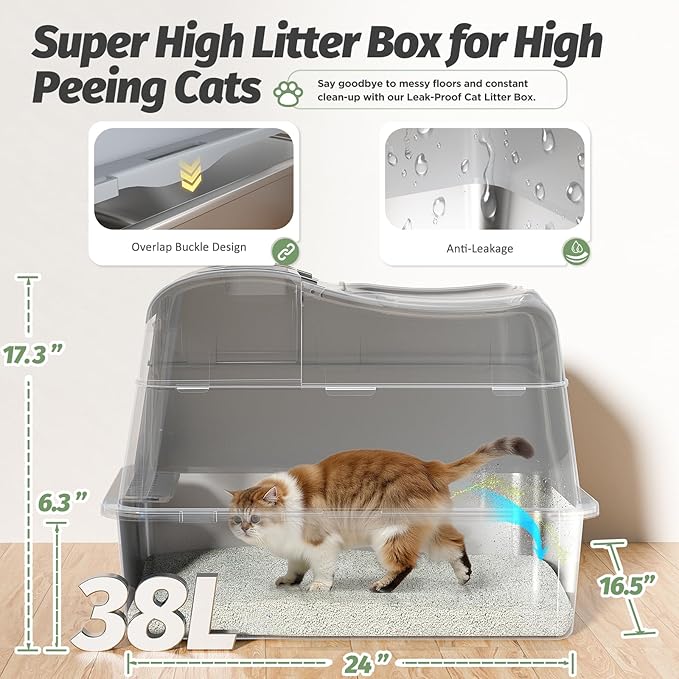 Shikha Stainless Steel Cat Litter Box with 110° Flip-Top Lid -XXL Top Entry Enclosed Litter Box for Large Cats with Deodorization Box, Odor-Free, Non-Sticky, Anti-Leak, Removable Lid for Easy Cleaning