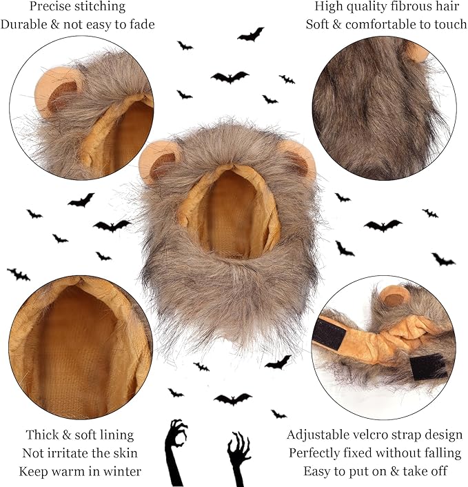 Cat Lion Mane Halloween Costume for Small Cats & Puppy– Pet Costume for Halloween, Cat Birthday, Cat Cosplay, Cat Outfits, Pet Clothes (Grey)