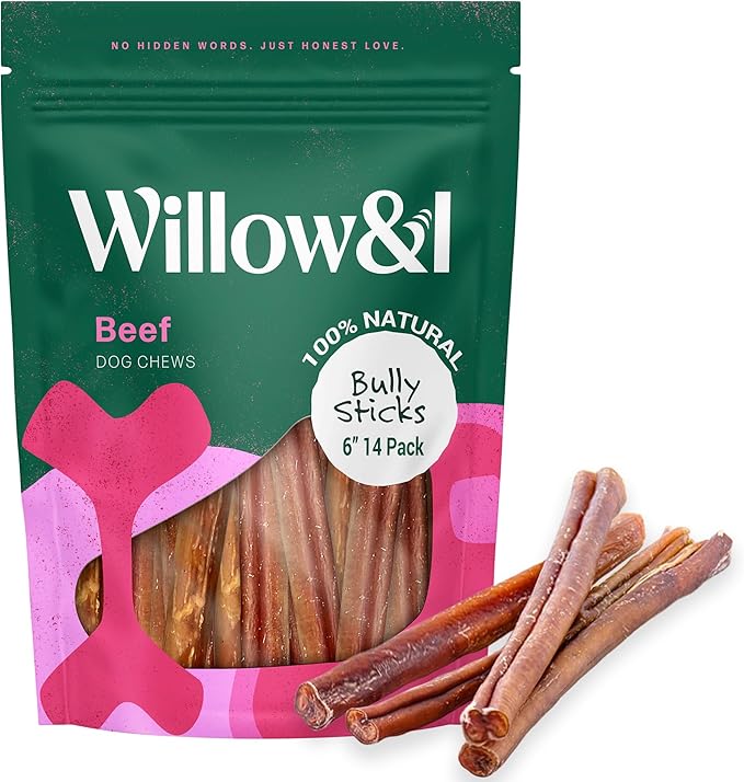 Willow & I Bully Sticks for Dogs -6 Inch Natural Bully Sticks for Medium Dogs, Small & Large- Premium 100% Grass Fed, Single Ingredient, Long Lasting, High Protein-Grain & Rawhide Free (6", 14 Pack)