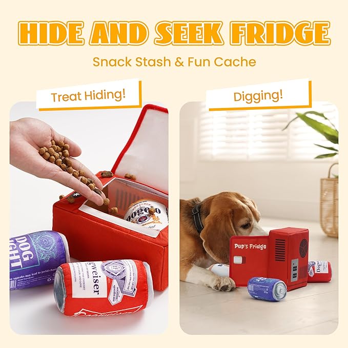 Nocciola 3 Packs Funny Beer Dog Toys with a Fridge, Interactive Hide and Seek Pet Supplies for Small Medium Large Breeds, Squeaky Crinkle Plush Stuffed Chew Toys for Mental Stimulation Anxiety Release