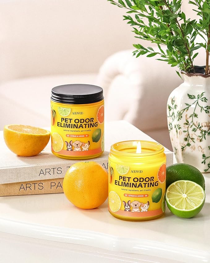 AOOVOO Pet Odor Eliminator Candle - 2 Pack Citrus Lemon Odor Eliminating Candle, Highly Fragranced Air Freshing Scented Candles, Natural Soy Wax, 18 oz