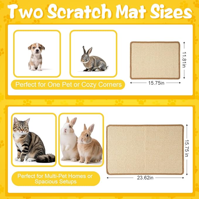 Rabbit Scratcher Mats, 2 Sizes (16x12 & 24x16 Inch), Natural Sisal Bunny Pads for Claws, Chewing & Nesting, Pet Cage Bedding for Rabbits & Small Animals
