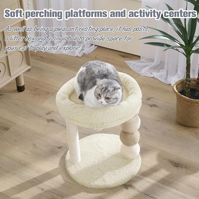 YOCAN Small Cat Tree Tower Indoor with Large Cozy Plush Top Perch, Natural Sisal Scratching Posts, Interactive Dangling Ball Great for Kittens and Cats (White)