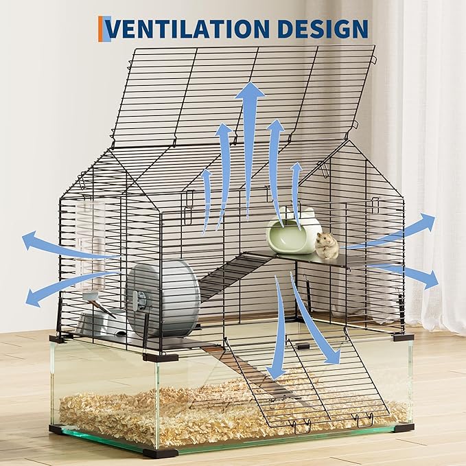 3 Tiers Large Hamster Cage - Metal Enclosure & Glass Mouse Cage with Ceramic Hideout, Running Wheel, Water Bottle & Feeding Bowl, Small Animal Habitat for Rodent Hamsters Rat Mouse Gerbil Mice