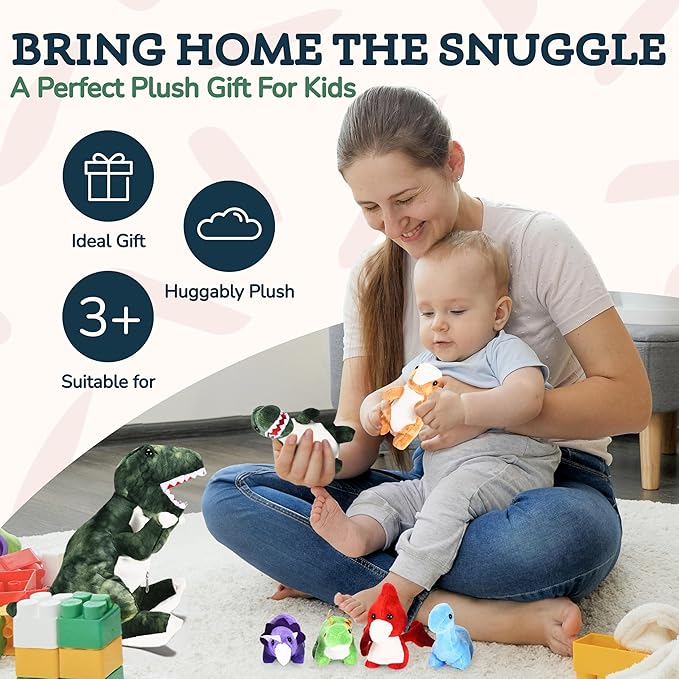 Dinosaur Stuffed Animal – Soft and Snuggly Dino Plush Toy Set – Includes 1 Large Dinosaur Plush with 6 Baby Dino Plushies – Super Soft, Skin-Friendly, and Non-Fade Cuddly Stuffed Animals
