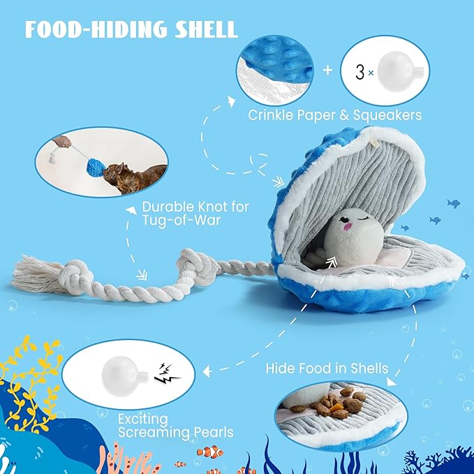 Nocciola Crinkle Squeaky Blue Octopus Dog Toy - Ocean Theme Stuffed Interactive Rope Toys for Small, Medium & Large Dogs - Durable for Aggressive Chewers (Shell)