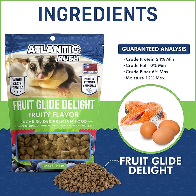 Atlantic Rush Fruit Glide Delight Sugar Glider Food - 2lb Resealable Bag of Food for Sugar Gliders - Sourced and Made in USA - Sugar Glider Supplies - Sugar Glider Stuff - Sugar Glider Treats