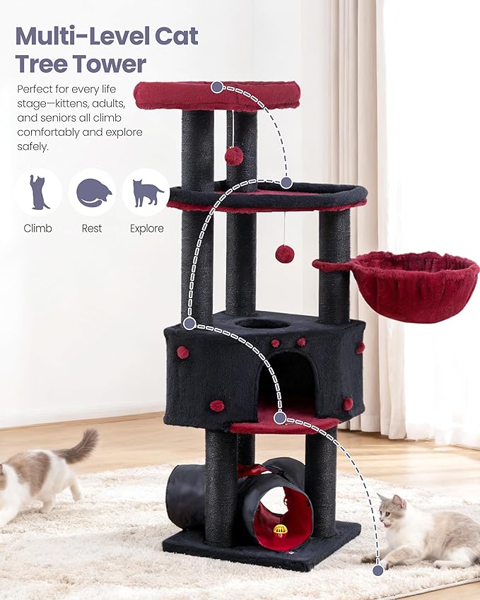 Cat Tree Tower for Indoor Cats Large Adult - Tall Kitty Condo House with Hammock Scratching Post Tunnel - 60 Inch Big Kitten Bed Condos Trees - Heavy Duty Kittens Houses Stand for Multiple Maine Coon