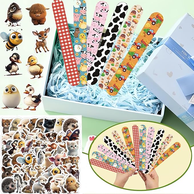 74PCS Farm Animals Party Favor 50PCS Barnyard Party Stickers&24PCS Slap Bracelets Farm Animals Birthday Supplies Team Gift Fillers School Classroom games Rewards Supplies
