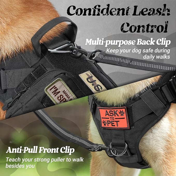 rabbitgoo Tactical Dog Harness Medium Sized, Heavy Duty Pet Harness with Handle, No-Pull Service Vest Medium Breed, Adjustable Military Dog Vest for Training Hunting Walking, Black, M
