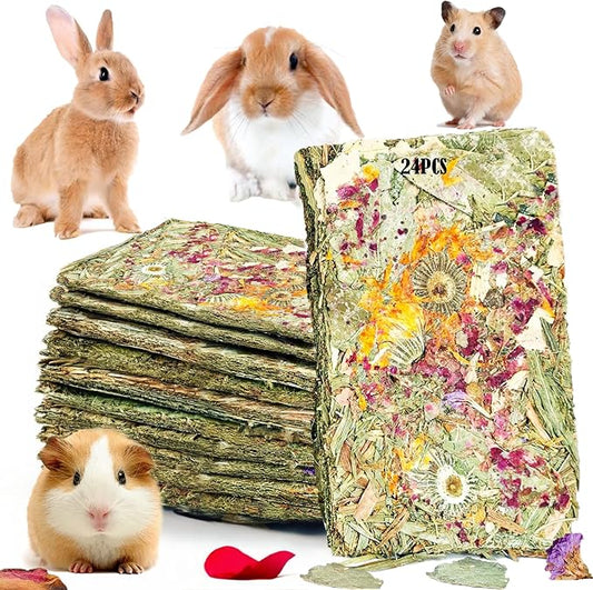 Rabbit Toys 24pcs Bunny Toy Guinea Pig Treats Timothy Hay Chew Toys Chips with Herbal Flowers Hamster Snacks Chinchillas Gerbils for Teeth Apple Sticks Sweet Bamboo