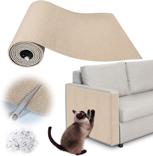 Cat Scratch Furniture Protector - 138" x 13.8" Trimmable Self-Adhesive Cats Claws Scratch Pads, DIY Cat Climbing Couch Protector for Scratch Post Cat Tree Replacement Indoor (Khaki)