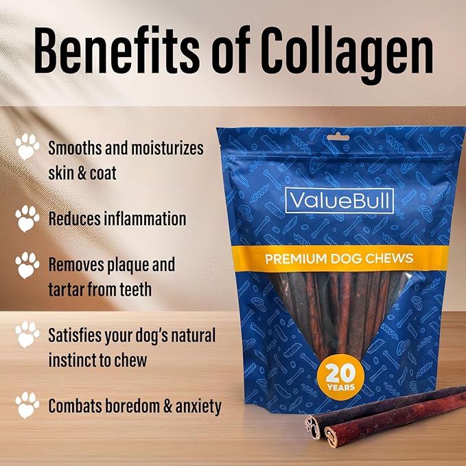 ValueBull Collagen Sticks for Dogs, 12 Inch Medium Chews, Natural Long-Lasting Dog Treats, 200 Count Wholesale Pack - Supports Joints, Skin & Coat with Chondroitin & Glucosamine