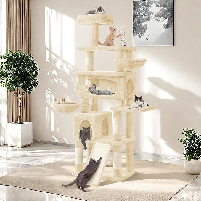 76in Cat Tree for Indoor Large Cats, Tall Cat Tower with Scratching Posts, Cat Tree Tower w/Hanging Balls, Multi-Level Condo Cozy Hammock, House, Large Activity Center, Beige