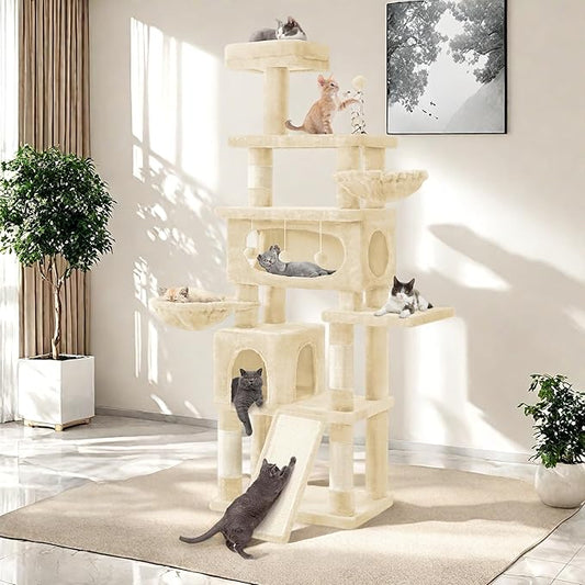 76in Cat Tree for Indoor Large Cats, Tall Cat Tower with Scratching Posts, Cat Tree Tower w/Hanging Balls, Multi-Level Condo Cozy Hammock, House, Large Activity Center, Beige