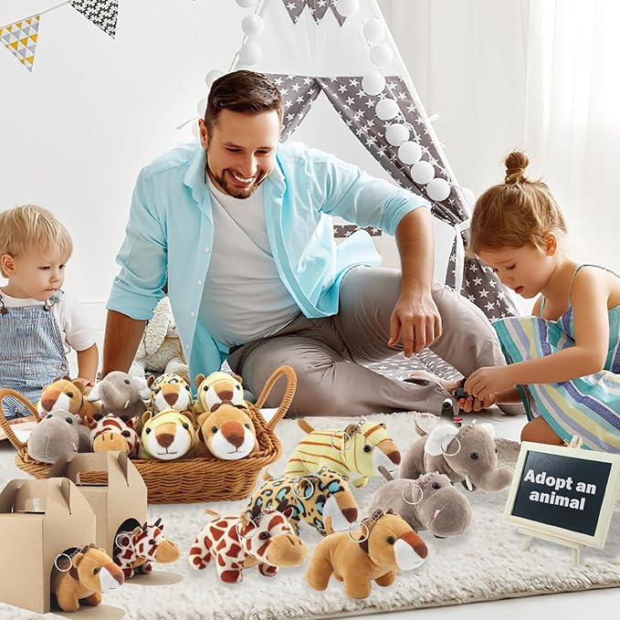 38 Pcs Mini Safari Plush Animals Set Forest Stuffed Toys Adopt a Pet Party Favors Jungle Party Favors Includes 12pc Dolls,2pc Box,12pc Cards,1pc Basket,1pc Blackboard