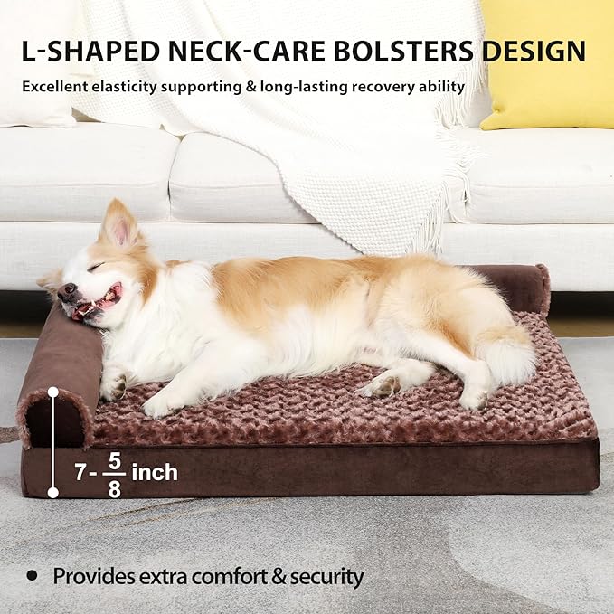 MIHIKK Orthopedic Dog Couch Bed Deluxe Plush L-Shaped with Waterproof Lining Bolster Dog Sleeping Sofa with Removable Washable Cover & Nonskid Bottom Pet Bed for Large Dogs, Brown