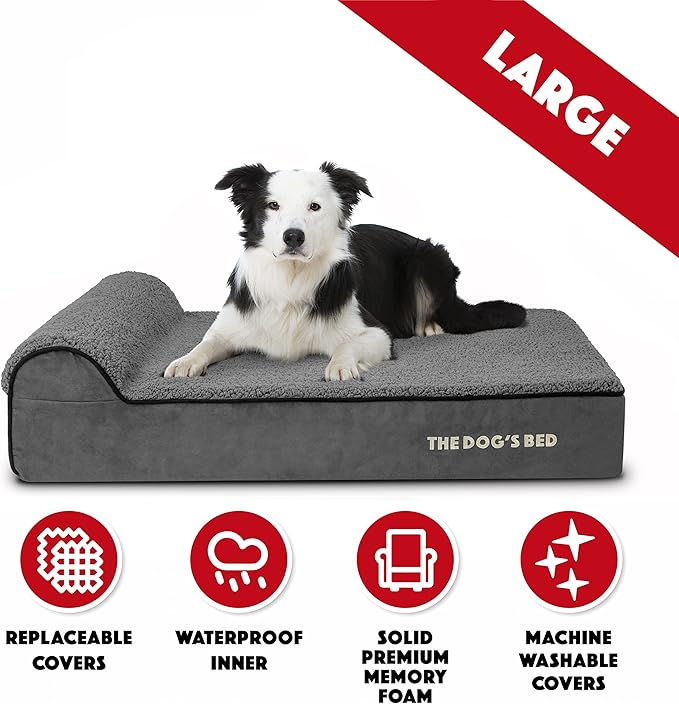 The Dog’s Bed Orthopedic Headrest Dog Bed Large Grey Plush 40x25, Memory Foam, Pain Relief for Arthritis, Hip & Elbow Dysplasia, Post Surgery, Lameness, Veterinary Approved, Waterproof Washable Cover