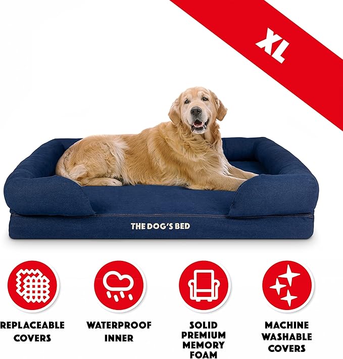 The Dog’s Bed, XL Blue Denim 43.5x34, Memory Foam, Pain Relief: Arthritis, Hip & Elbow Dysplasia, Post Surgery, Lameness, Supportive, Calming, Waterproof Washable Cover, Veterinary Approved