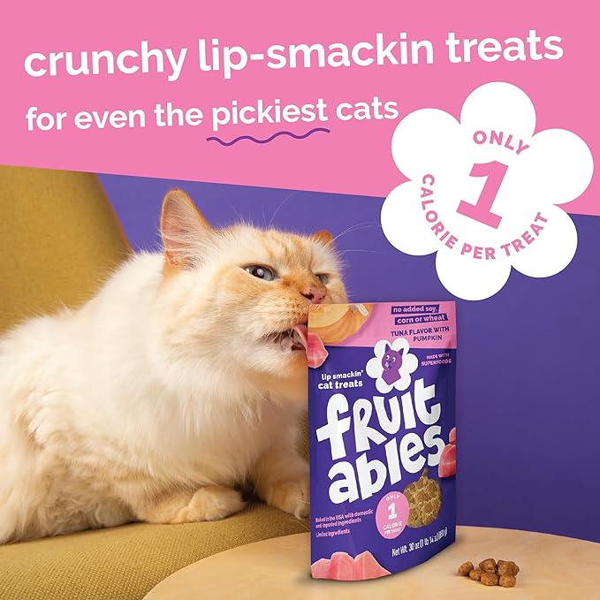Fruitables Cat Treats, Healthy Treats For Cats, Low Calorie and Packed with Protein, Crunchy Biscuits, Free of Wheat, Corn and Soy, Made with Real Tuna and Pumpkin, 2.5oz