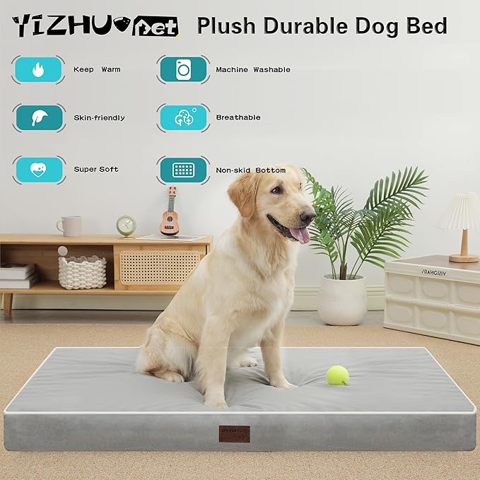 Dog Bed Mats for Large Big Dogs - Orthopedic Dog Pet Bed Thick Egg Foam Crate, Removable Washable Cover, Non-Slip Bottom Durable Dog Crate Bed Mat (Light Grey, XXL(47''x29''x4''))
