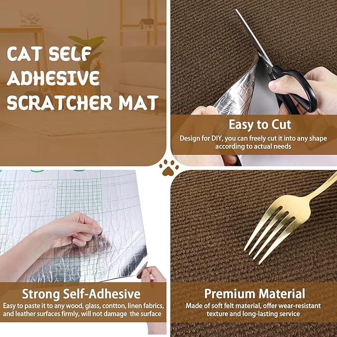 Climbing Cat Scratcher Mat Trimmable Cat Scratching Post Carpet 39.3’’x15.8’’ Self Adhesive Carpet Mat Pad Replacement for Cat Tree Shelves Post Couch Wall Furniture Steps DIY Protector (Brown)