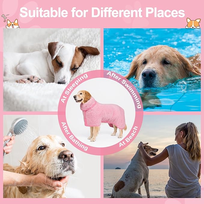 Bienbee Dog Bathrobe, Quick Drying Super Absorbent Dog Robes for After Bath, Warm Keeping Dogs Towel, Dogs Bath Supplies, Pink L