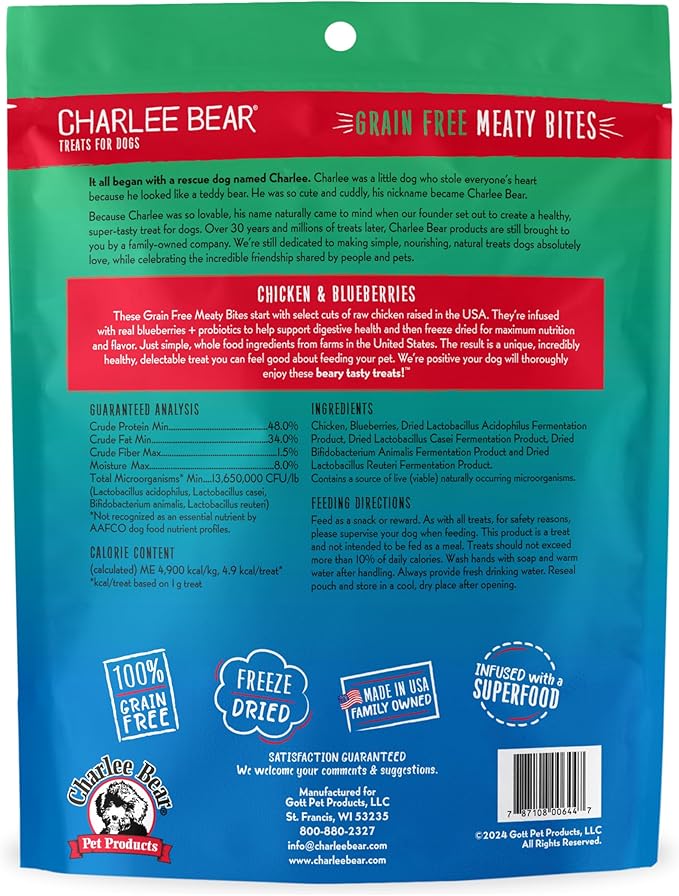 Charlee Bear Grain Free Meaty Bites Freeze Dried Dog Treats with Probiotics, Puppy Training Snacks, Soft Dog Bites Chicken with Blueberries, 2.25 oz Bags (2), Made USAA
