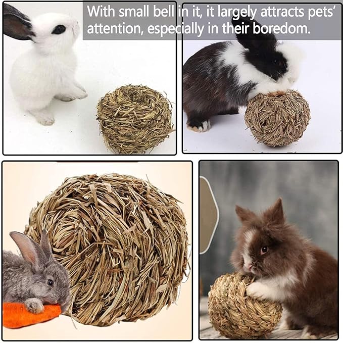 kathson Guinea Pig Grass House Guinea Pig Hideout Bunny Woven Hay Bed Hand Woven Natural Grass House for Hamster Bunny and Small Animals with Hay Chew Balls Toys(Small)