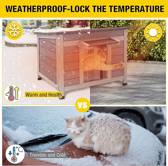Cat House Outdoor Dog House with Insulation Liner Rabbit Hutch Feral Kitty Shelter for Outdoor Cats Cat Shelter for Winter