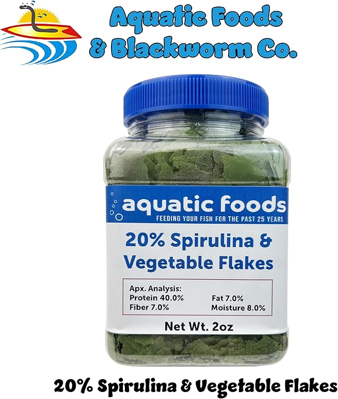 Aquatic Foods Inc. Vegetable & 20% Spirulina Plus Enhanced Premium Flakes for African Cichlids, Herbivores, AF…2oz Small Jar