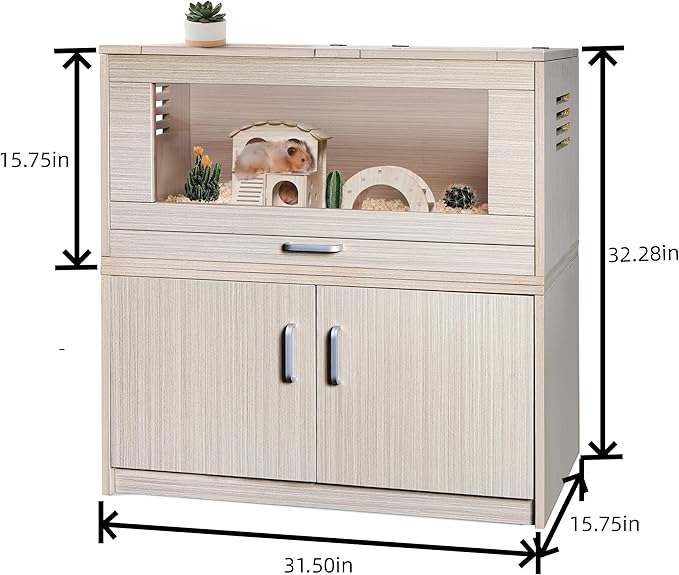 Guinea Pig Cages, Hamster Cage Wood with Independent Storage Cabinet, House for Rat Chinchilla with Guinea Pig Hutch and Bridge, Openable Top with Acrylic Sheets(Wood, 32.28 inch)