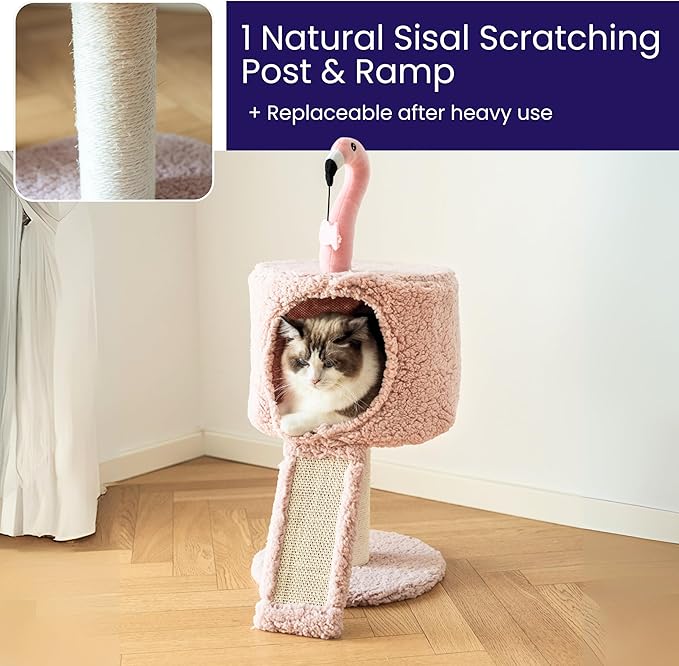 Catry Flamingo 2-Level 29" Cat Tree for Small Cats & Kittens with Replaceable Posts, Sisal Scratching Ramp, Pink Flamingo Designed Cute Condo with Toy, Pink