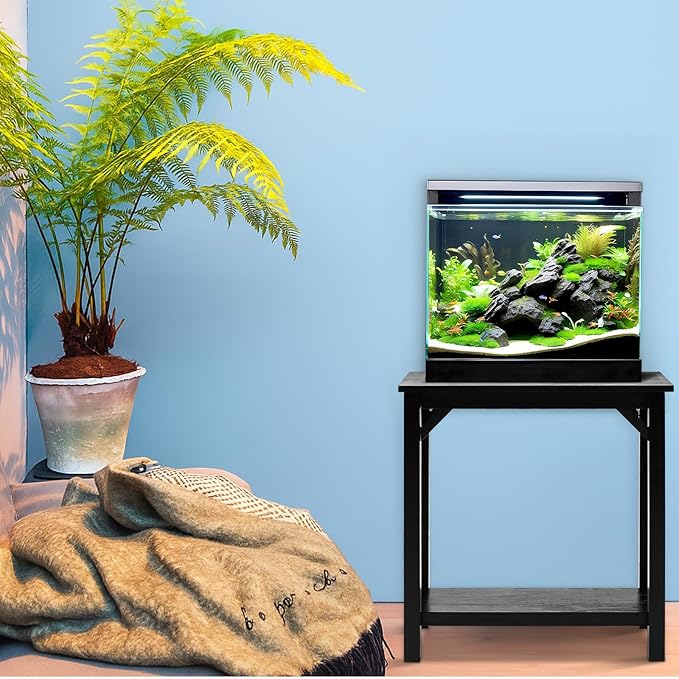 Solid Wood 10-20 Gallon Fish Tank Stand Heavy Duty Aquarium Terrarium Stand for Home Office Fish Tank Shelf Table, Black, 25.5 x 14 x 24.4 Inch