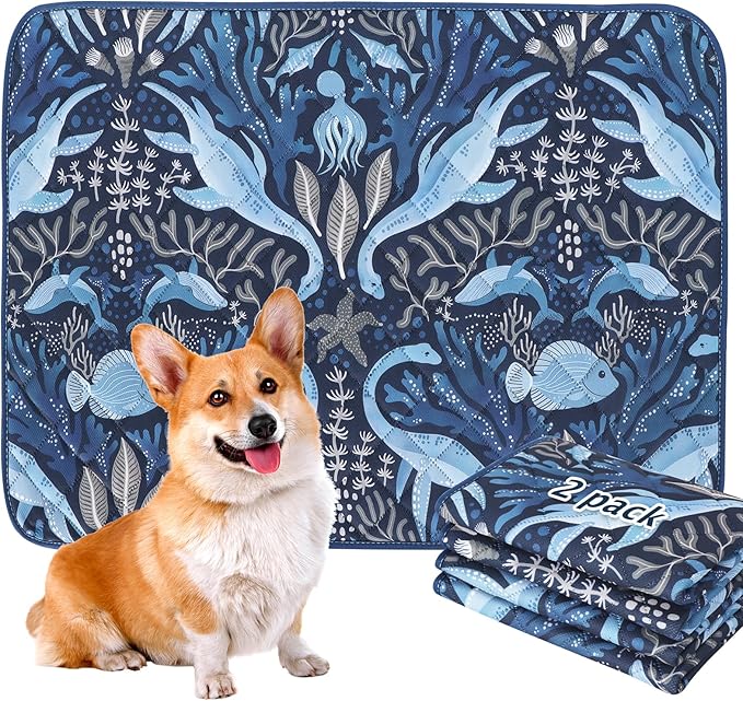 BVAGSS Washable Pee Pads for Dogs, 2 Pack Reusable Leakproof Puppy Wee Wee Pad, Non-Slip Waterproof Pet Training Pads, Super Absorbent Whelping Pads XH081 (Dino Navy, 36X41 Inch (Pack of 2))