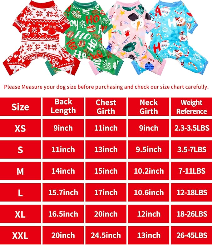 PET SHOW 4 Pack Small Dog Christmas Pajamas Holiday Dog Clothes Doggies Soft Stretchy PJs Xmas Jumpsuit Puppy Cats Girl Boy Onesies Red Green Outfits with Sleeve Pets Dachshund Costume XS