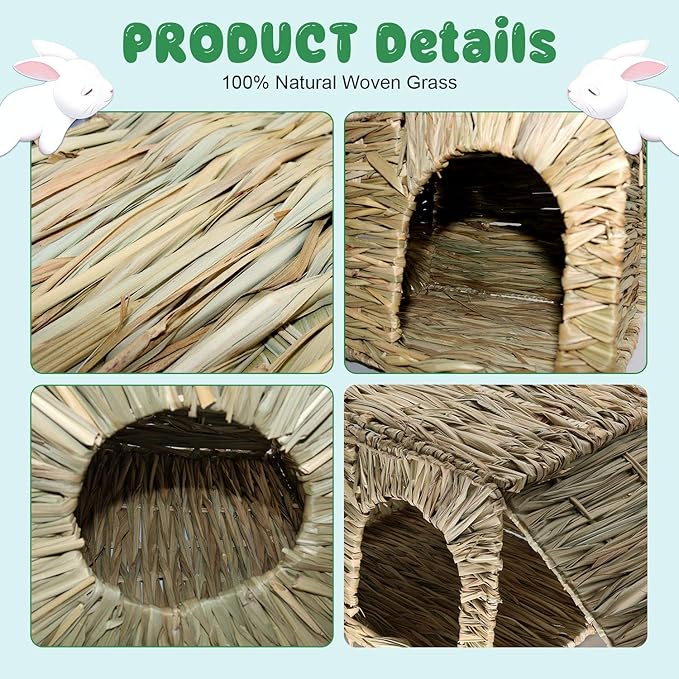 BWOGUE Extra Large Grass House for Rabbits,Hand Crafted Natural Grass Hideaway Foldable Bed Hut with Openings Playhouse for Bunny Guinea Pig Chinchilla Ferret for Play and Sleep(2 Pack)