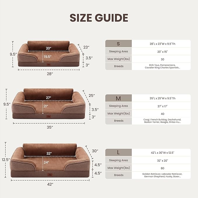 Orthopedic Dog Beds for Large Sized Dogs, Waterproof Egg-Crate Foam Pet Couch Bed with Soft Sides, Non-Slip Dog Sofa with Flannel Removable Washable Cover, 35" L Supportive Pet Sofa, Brown