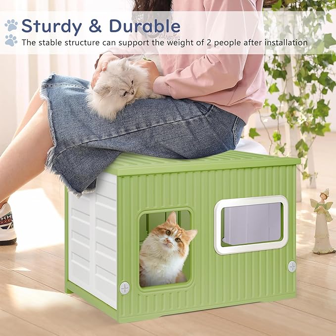 Plastic Cat House for Outdoor Indoor Use, Stackable Feral Cat Shelter Indoor Cat House Weatherproof Waterproof Elevated, with 2-Sided Cushion (Green White)