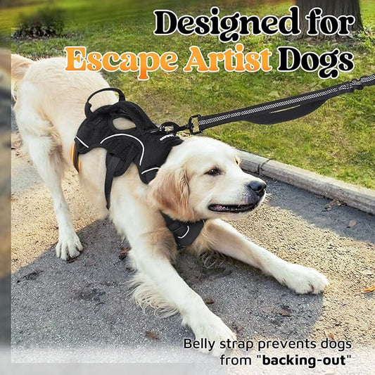 rabbitgoo Escape Proof Dog Harness, Soft Padded Full Body Pet Harness, Reflective Adjustable No Pull Vest with Lift Handle and Leash Clip for Large Dogs Walking Hiking Training, L, Black