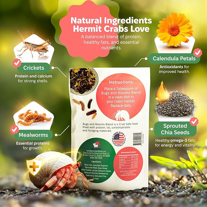 Bugs and Blooms Hermit Crab Food - 1 oz - 30 Grams - Whole Food Diet for Hermit Crabs - Seeds, Bugs and More by Snout and Shell