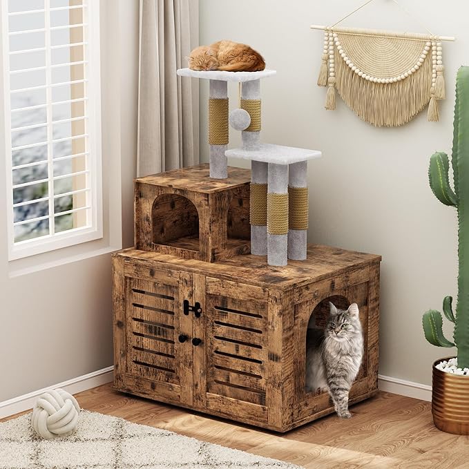 DKLGG Cat Tree with Litter Box Enclosure, Modern Cat Condo, Indoor Cat Tower with Litter Box Enclosure Wood House w/Sisal Scratching Post, Plush Perch Platform & Divided Condo (Rustic Brown)