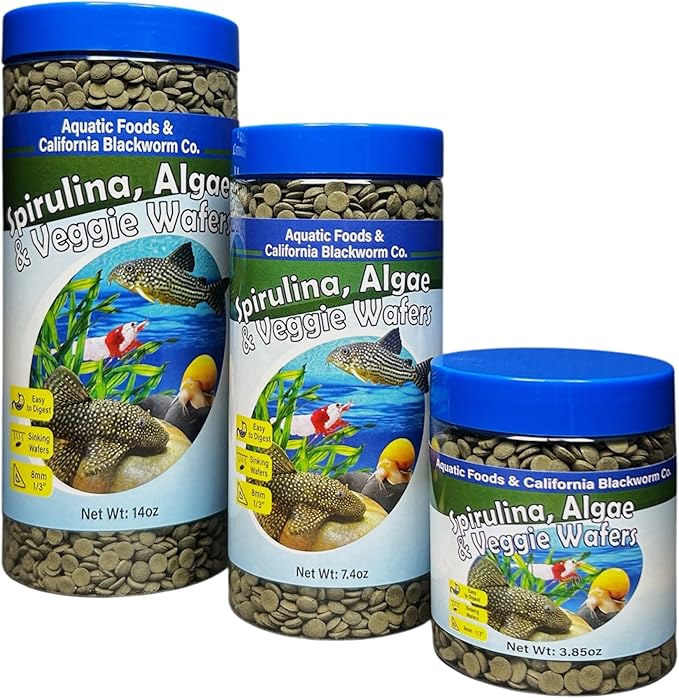 Aquatic Foods Inc. 8mm - 1/3" Small Sinking Wafers of Spirulina, Algae for Bottom Fish, Plecos, Catfish, Shrimp, Snails, Crabs & Tropicals. 4-Type Wafer & 12-Type Pellet Mix Included...10oz Canister